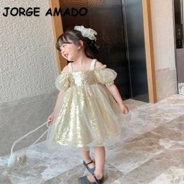 Summer Teenagers Girl Party Dresses Champagne Sequined Princess Dress Wedding Piano Perform 6.1 Children's Day E9544 210610