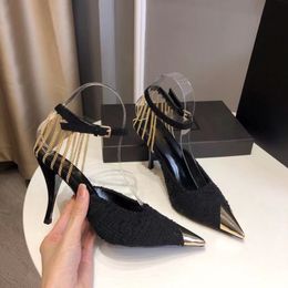 Fashion designer women shoes heels 9cm Pumps designers High Heel gold chain black womens dress shoe for prom evening wedding with original box