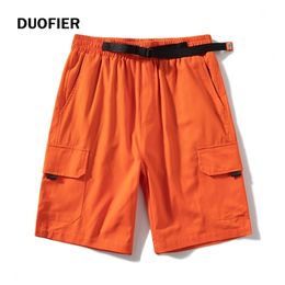 Summer Men's Orange Pocket Cargo Shorts Baggy Cotton Linen Breathable s Jogger Beach Short Belt Pants 8XL 210806