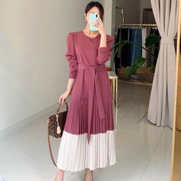 Spring and Summer Korean Fashion Casual Loose Women's Dress Elegant Round Neck Tie Fold Stitching Long 210615