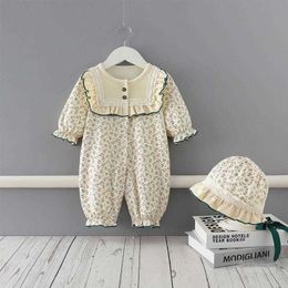 2Pcs Korean Japan Baby Girls Floral Romper born Long Sleeve Rompers Children Lovely Clothes Cotton Jumpsuit with hat 210615