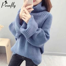 PEONFLY Turtleneck Solid Colour Sweater Women Winter Warm Loose Oversize Knitted Pullover Female Soft Jumper 210922