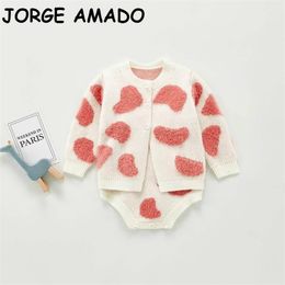 Thanksgiving Outfits for Girls Love Heart Long Sleeve Sweater Coat +Romper Baby Clothes E20311 210610