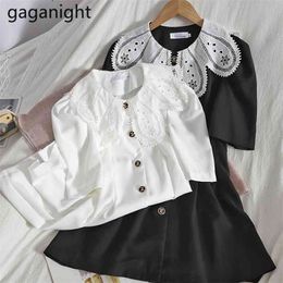 Womens Dress Summer Solid Colour Button Up Shirt Ruffled Peter pan Collar Mini A-Line es Black White 210601