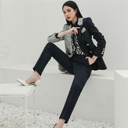 Autumn Lady Office Formal Two Piece Set Women Suit Double Breated Tweed Patchwork Blazer Slim Flare Pants 210603