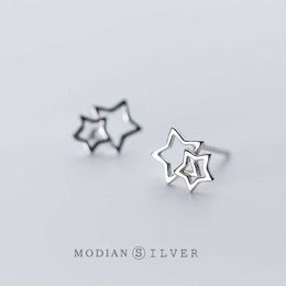 100% Solid 925 Sterling Silver Star In Stars Charm Trendy Stud Earrings for Women Girl Fashion Korean Jewellery 210707