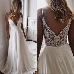 Modern Simple A Line Chiffon Bridal Dresses Lace Back Out Wedding Gowns for Bride Plunge V Neckline with Strap