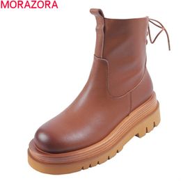 MORAZORA Genuine leather boots suqare heels round toe platform women boots genuine leather solid color ankle boots 210506
