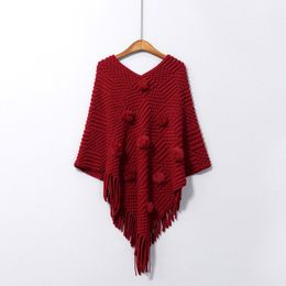 Women Knitted Pullovers Khaki Red Solid Loose Winter Tassel Hairball Capes C0031 210514