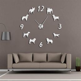 Different Dog Breeds Large Wall Clock Dog Lovers Pet Owners Home Decor Giant Wall Clock Modern Design DIY Puppies Wall Watch 210325