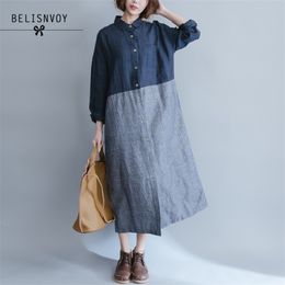 Women Cotton Linen Dress Long Sleeve Spring Autumn Striped Patchwork Shirt Casual Loose Vintage Navy Blue Dresses 210520