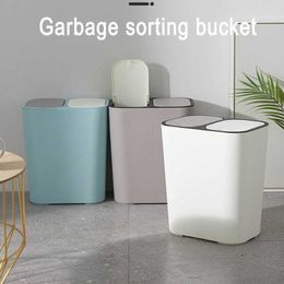 ly Trash Can Rectangle Plastic Push-Button Dual Compartment 12liter Recycling Waste Bin Garbage TE889 210728