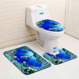 3D Blue Ocean Deep Sea Dolphin 3 Piecet Toilet Cover Non Slip Mat Bath Rugs Toilet Seat Bath Rug Accessories for Bathroom Decor 211109