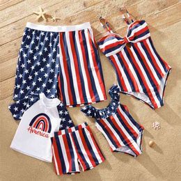 Independence Day Series Star Stripe Swimsuits(Off Shoulder Swimsuits for Mom and Girl ; Swim Trunks Dad Boy) 210528