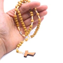 Wood Rosary Necklace Cross Religious Catholic Beads Necklaces