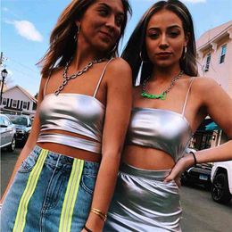 Silver Solid Sexy Bralette Crop Top for Women Off Shoulder Spaghetti Strap Square Neck Camis Clubwear Fitness Hollow Out 210517