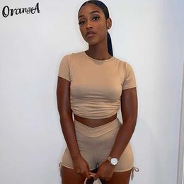 OrangeA Tracksuit Women Backless Bandage Short Sleeve Crop Top Ruched Biker Shorts Set Two Piece Outfit Sporty Casual Streetwear Y0702