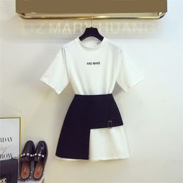 Summer Women Short Sleeves Letter Cotton T-shirt + Irregular Black Skirt 2 pcs sets Student Casual Suits 210428