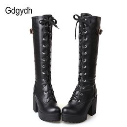 Gdgydh Sale Spring Autumn Lacing Knee High Boots Women Fashion White Square Heel Woman Leather Shoes Winter PU Large Size 43 220224