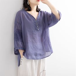 Summer Arts Style Women Short Sleeve Loose V-neck Shirts Frivolity Cotton Linen Vintage Blouses Tops Femme Blusa M120 210512