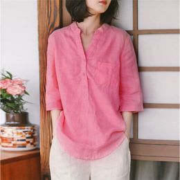 Summer Arts Style Women 3/4 Sleeve Loose Shirts All-matched Casual V-neck Cotton Linen White Blouse Plus Size S298 210512