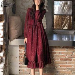 Spring Elegant Polka Dots Print Women Chiffon Dress Vintage Loose Long Lace-up Female A-line Vestidos Femme 10860 210427