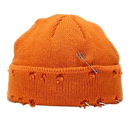 Beanies Unisex Winter Knitted Beanie Hat With Pins O-Ring Vintage Distressed Hole Solid Colour Hip Hop Stretch Cuffed Skull Cap