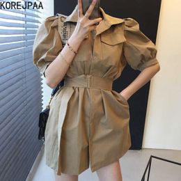 -Korejpaa Frauen Kleid Sommer Koreanische schicke Damen Alles Spiel Revers Multi-Pocket Design Tie-Taille Workwear Puff Sleeve Vestidos 210526