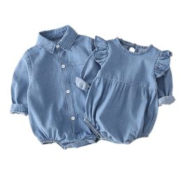 Cute Denim Bodysuits Newborn Baby Clothing Girls Infant Autumn Body Suits For 0-24M Jumpsuit 210315