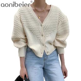 Elegant Korean V Neck Puff Sleeve Knitted Coat Cardigan Women Autumn Winter Solid Patterns Sweater Cardigans 210604