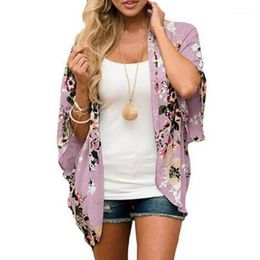 Women's Swimwear Multicolors Women Chiffon Floral Kimono Cardigan Loose Half Sleeve Shawl Capes Boho Bohemia Print Cover Up Blouse S-3XL