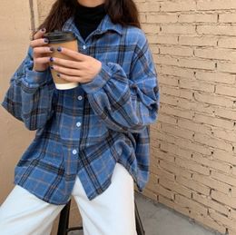 Women's Blouse Lapel Stand Collar Autumn Shirt Plaid All-match Batwing Sleeve Loose Jacket Harajuku Female 4 Colours Chic 210429