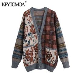 KPYTOMOA Women Fashion Loose Jacquard Knitted Cardigan Sweater Vintage Long Sleeve Pockets Female Outerwear Chic Tops 210922