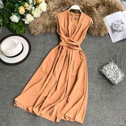 Women Sexy V Collar Sleeveless Crossover Strap Waist Thin Summer Dress Lady Solid Color Elegant Vestidos F076 210527