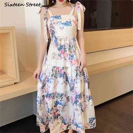Elegant Sleeveless Summer Dresses Woman Clothing High Waist Floral Print Spaghetti Strap Female Seaside Beach 210603