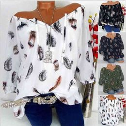 Fashion Feather Lace-up Half Sleeve Women Top Casual Loose Summer Blouses Off Shoulder Plus Size 5XL Shirts Floral Print 210323