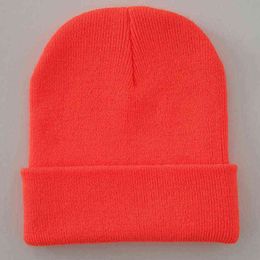 Bright Solid Acrylic Knitted Hats Women Men's Winter Plain Beanies Cap Orange Brown Black Neon Yellow Neon Green Y21111