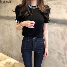 Women Summer Knitted Tops Short Sleeve Fashion T-shirt Ladies Bodycon Elegant Tee Shirt Femme Black White Korean Clothes 210513