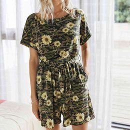 High Street Loose Print Playsuits Women Summer Camouflage with Short Sleeves Jumpsuit female bodysuit overalls for women 210514