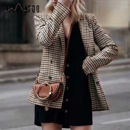 Affogatoo Fashion double breasted plaid blazer women Long sleeve slim OL Casual autumn jacket female 211006
