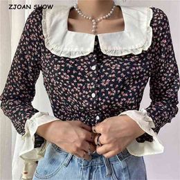 Autumn Vintage Peter Pan collar Floral Print Shirt Black Fashion Single-Breasted Buttons blouse women Chiffon blusas Tops 210429