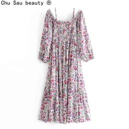 Autumn Women's Elastic Slash Neck Long Sleeve Flower Print Mid-Length Dress Female Boho Style Fashion Vintage 210508