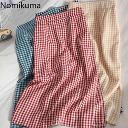 Nomikuma Contrast Colour Plaid Skirt Women Summer Casual Vintage High Waist Mid Calf Skirts Japan Style Faldas Mujer 210514