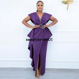 Purple Satin Evening Dress Party Wear Front Split 2021 V Neck vestidos de noche Aso Ebi African Prom Gowns Custom Size