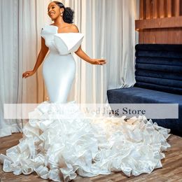 Luxury White African Wedding Dress Mermaid Ruffles Oganza Long Bridal Party Gowns Saudi Arabic Robe De Mariee