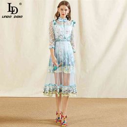 Fashion Runway Summer Dress Women's Stand collar Bow Mesh Embroidery Print Lady Elegant Midi Vestidos 210522