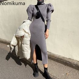 Nomikuma Korean Turtleneck Slim Split Knitted Dresses Women Puff Long Sleeve Sweater Dress Stretch Bodycorn Vestidos 6D211 210427