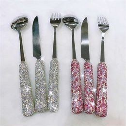 3 Piece Sets Bling Rhinestones Cutlery Household Steak Stainless Steel Diamond Knife Fork Spoon Kitchen Party Dinner Tableware 210317