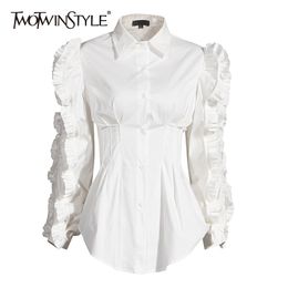 TWOTWINSTYLE Patchwork Ruffle Black Shirt For Women Lapel Long Sleeve High Waist Tunic Casual Blouse Female Fashion Fall 210317
