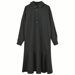 Black Solid Turn Down Collar Long Sleeve Midi Dress Ruffle Loose Button Shirt Autumn D0613 210514